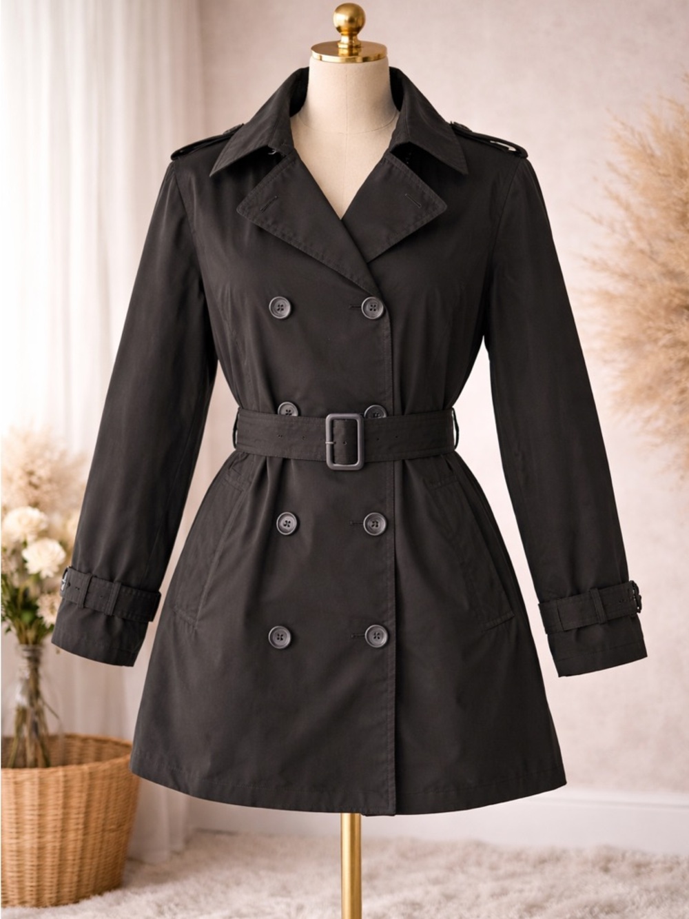 Classic Black Double-Breasted Trench Coat
